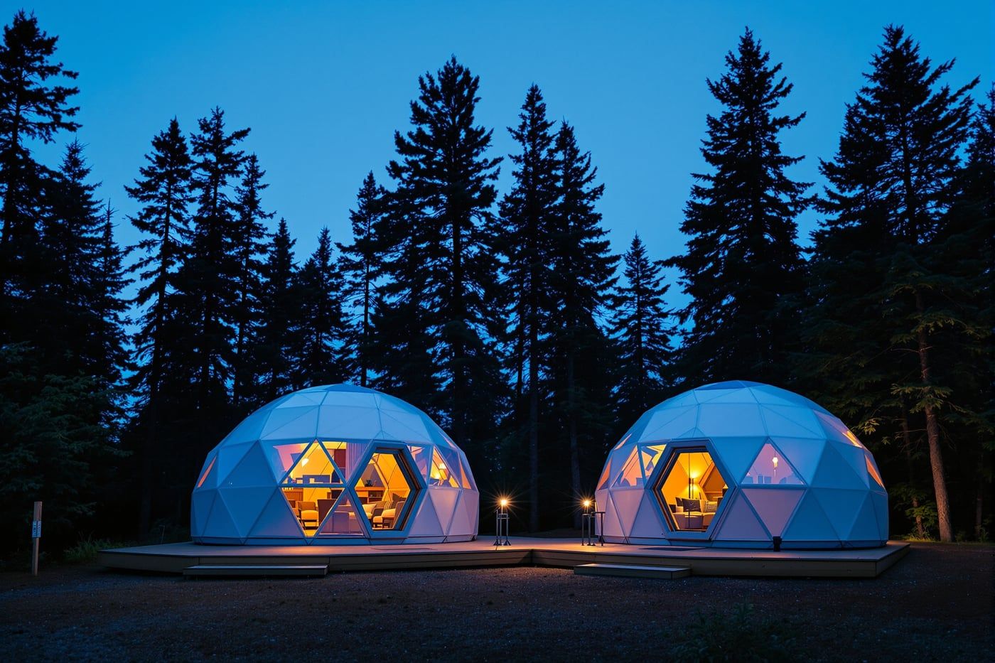 A pair of resort glamping domes between the firs, windows lit