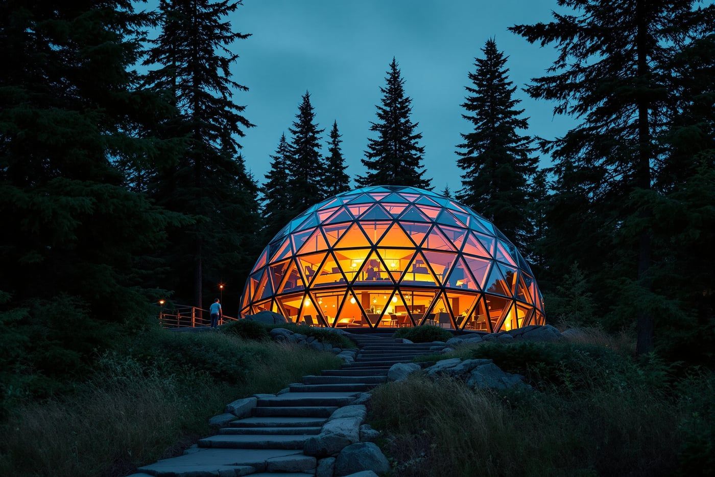 A hillside dome home glowing from within at dusk