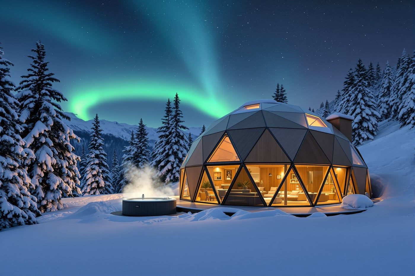 A geodesic resort dome in alpine snow at night under a green aurora, warm light glowing through its panels